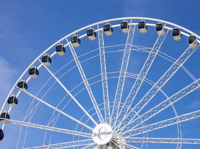 The image shows a large Ferris wheel against a clear blue sky, with the name "SkyWheel" visible at the center of the structure.