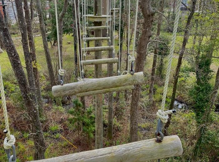 Two individuals are crossing a high ropes course with logs and platforms suspended between trees in a forest setting.