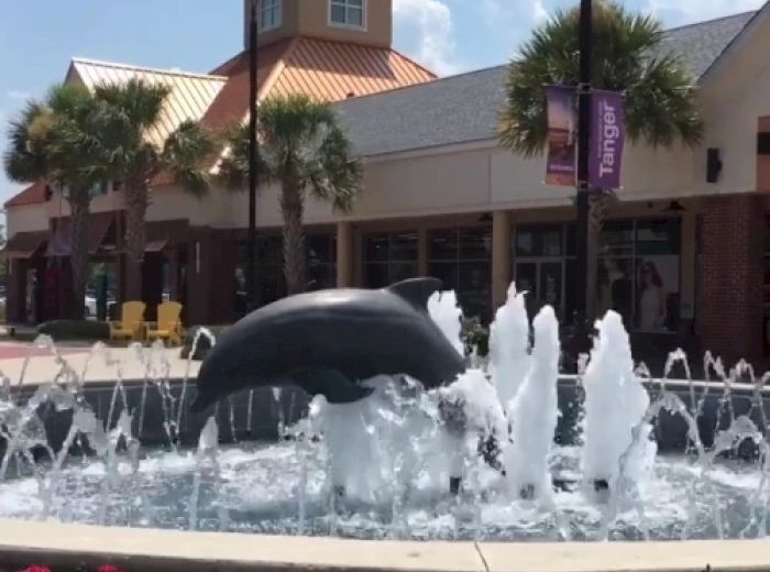 A dolphin statue is in the center of a fountain near shops and palm trees, with a banner that says "Tanger" in the background, on a sunny day.