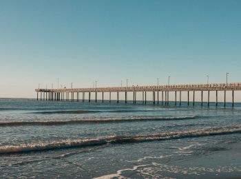 The image shows a long pier extending over the ocean, with gentle waves approaching the shore under a clear, blue sky.
