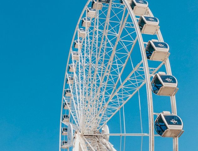 The image shows a large Ferris wheel against a clear blue sky, with some palm trees at the bottom.