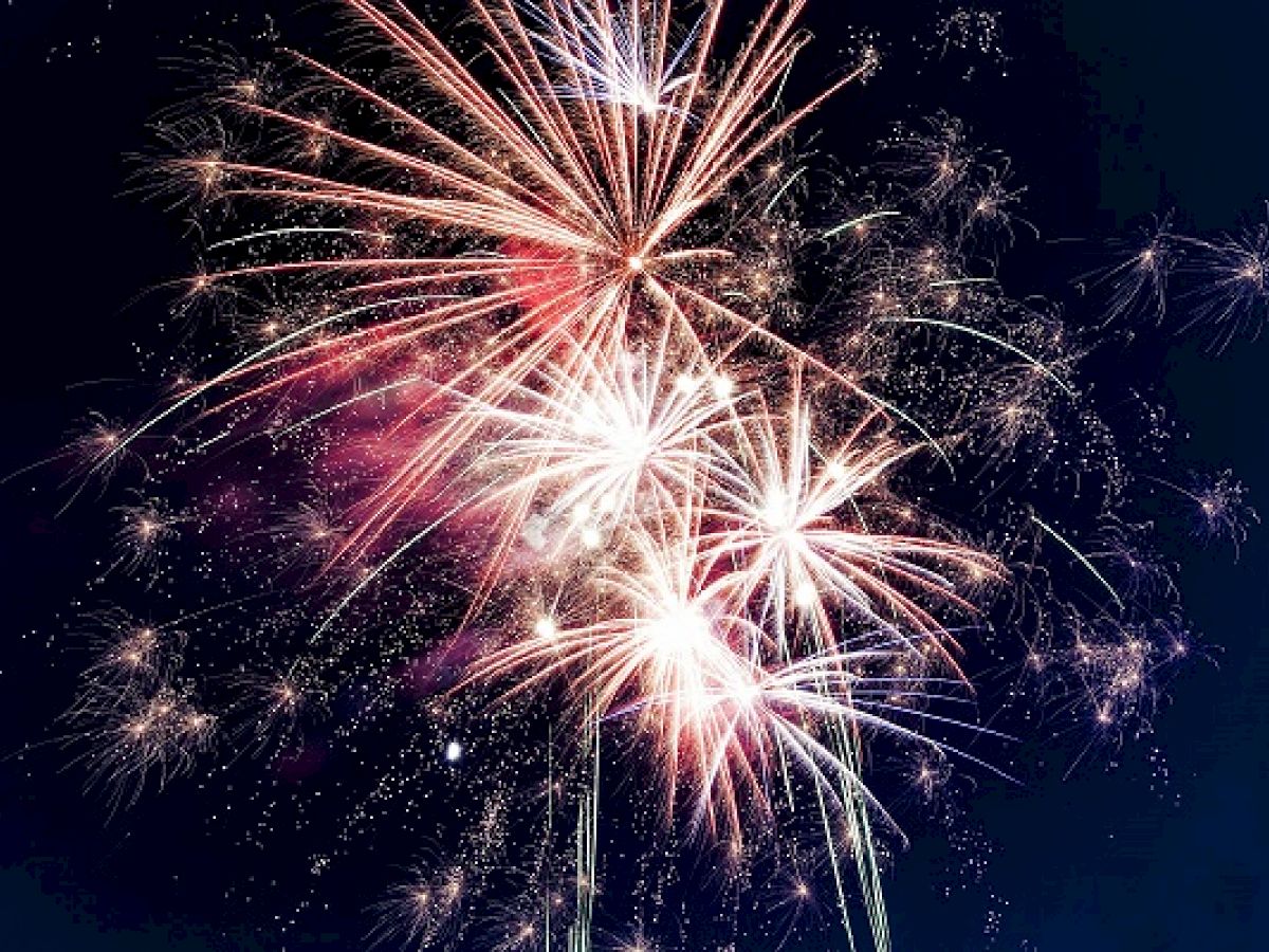The image shows a vibrant display of fireworks with various colors and patterns against a dark night sky.